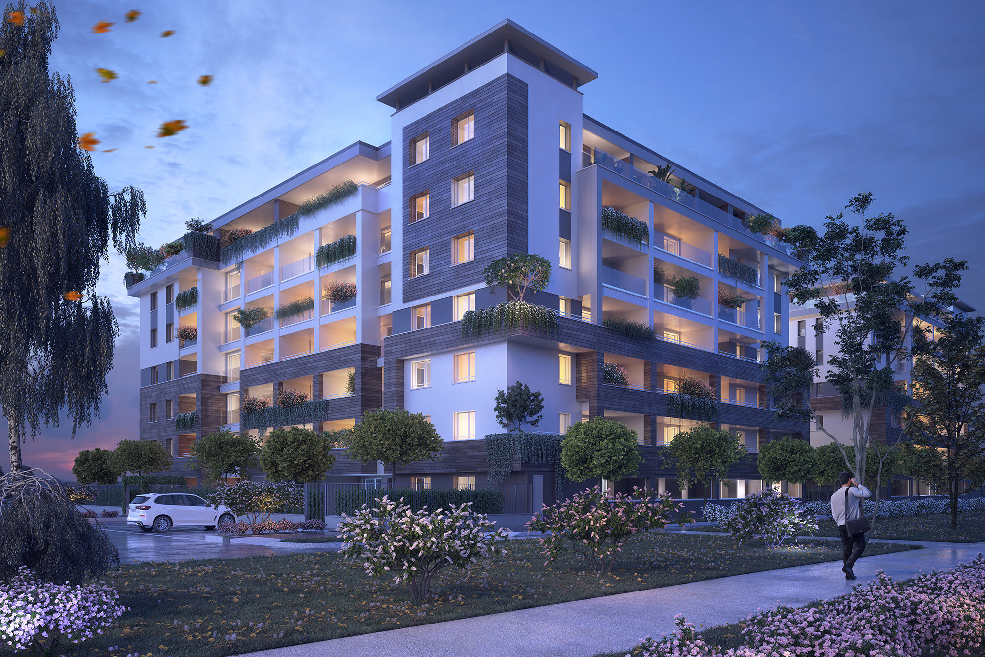 Render esterno di un complesso residenziale all'imbrunire