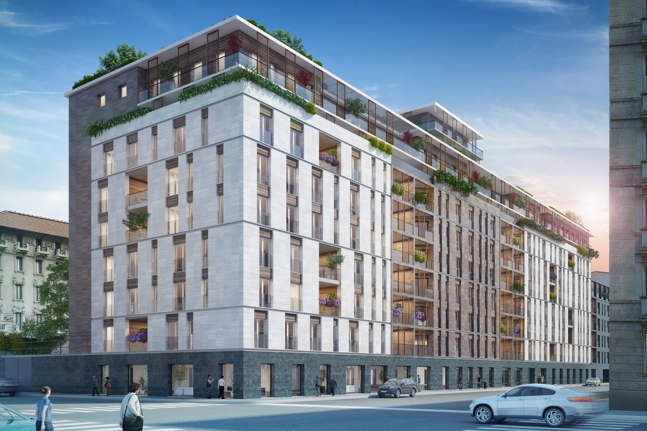Render esterno di edificio in contesto urbano