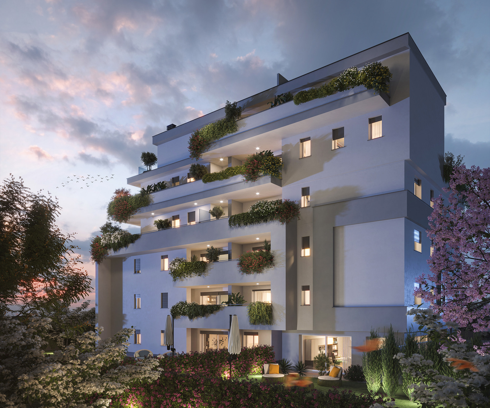 Render esterno di palazzina con terrazzi verdi