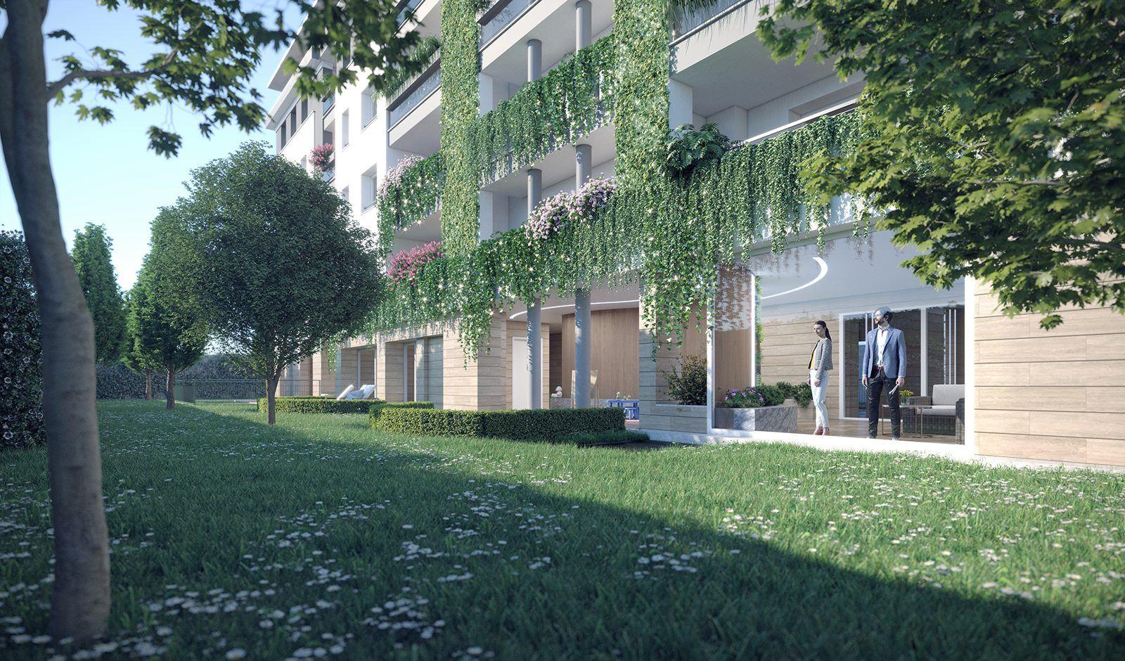 Edificio residenziale con facciata verde e giardino