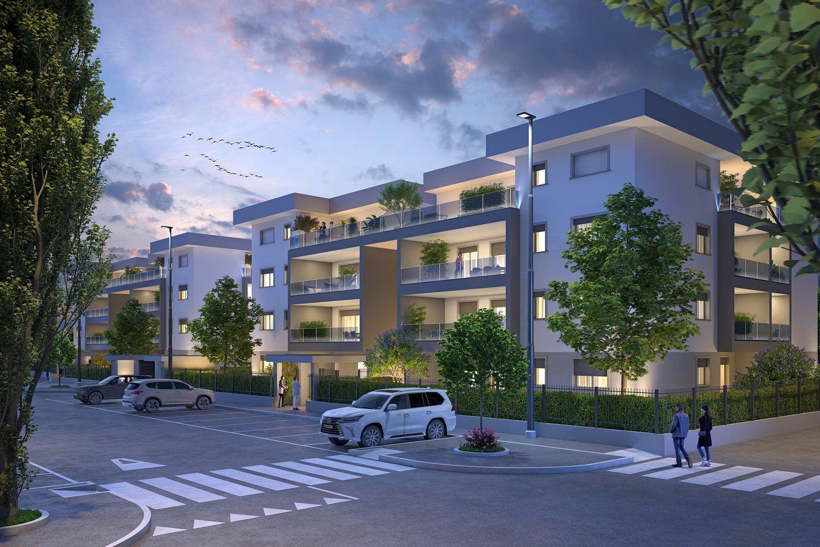 Complesso residenziale serale con parcheggio