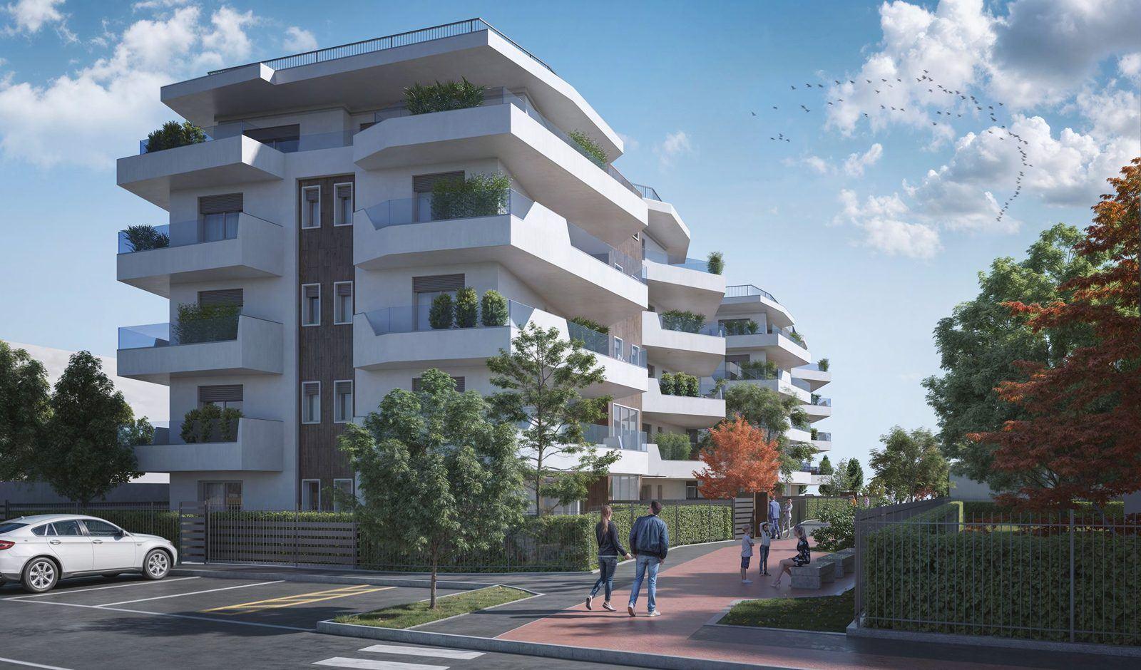 Palazzina con terrazzi e passaggio pedonale