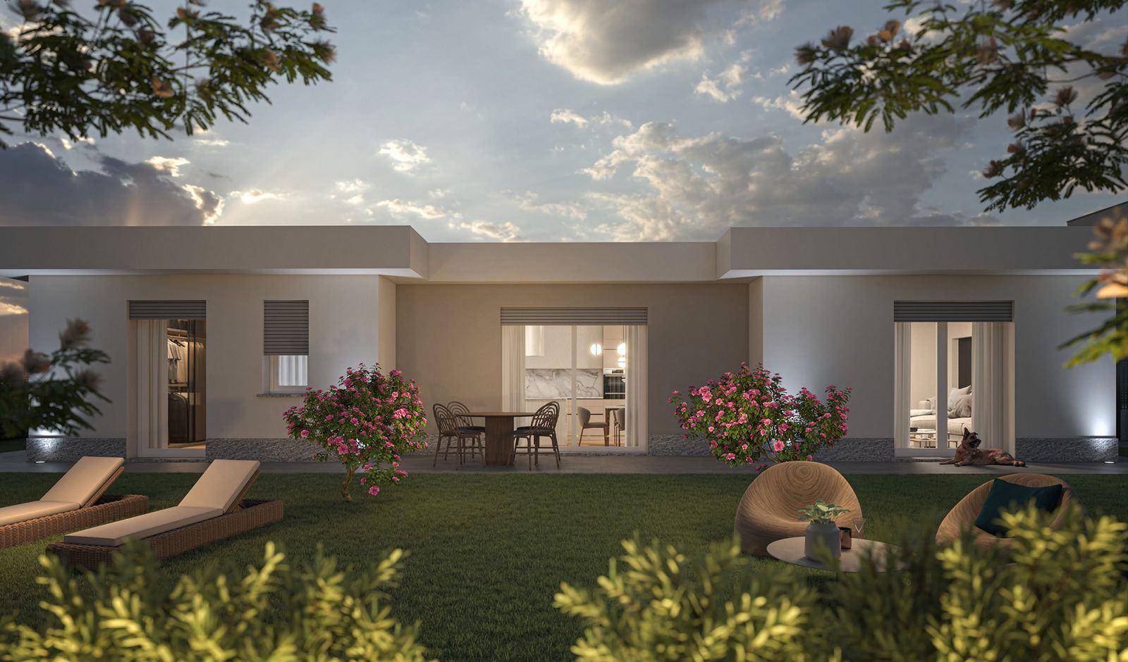 Villa con giardino e zona relax al tramonto