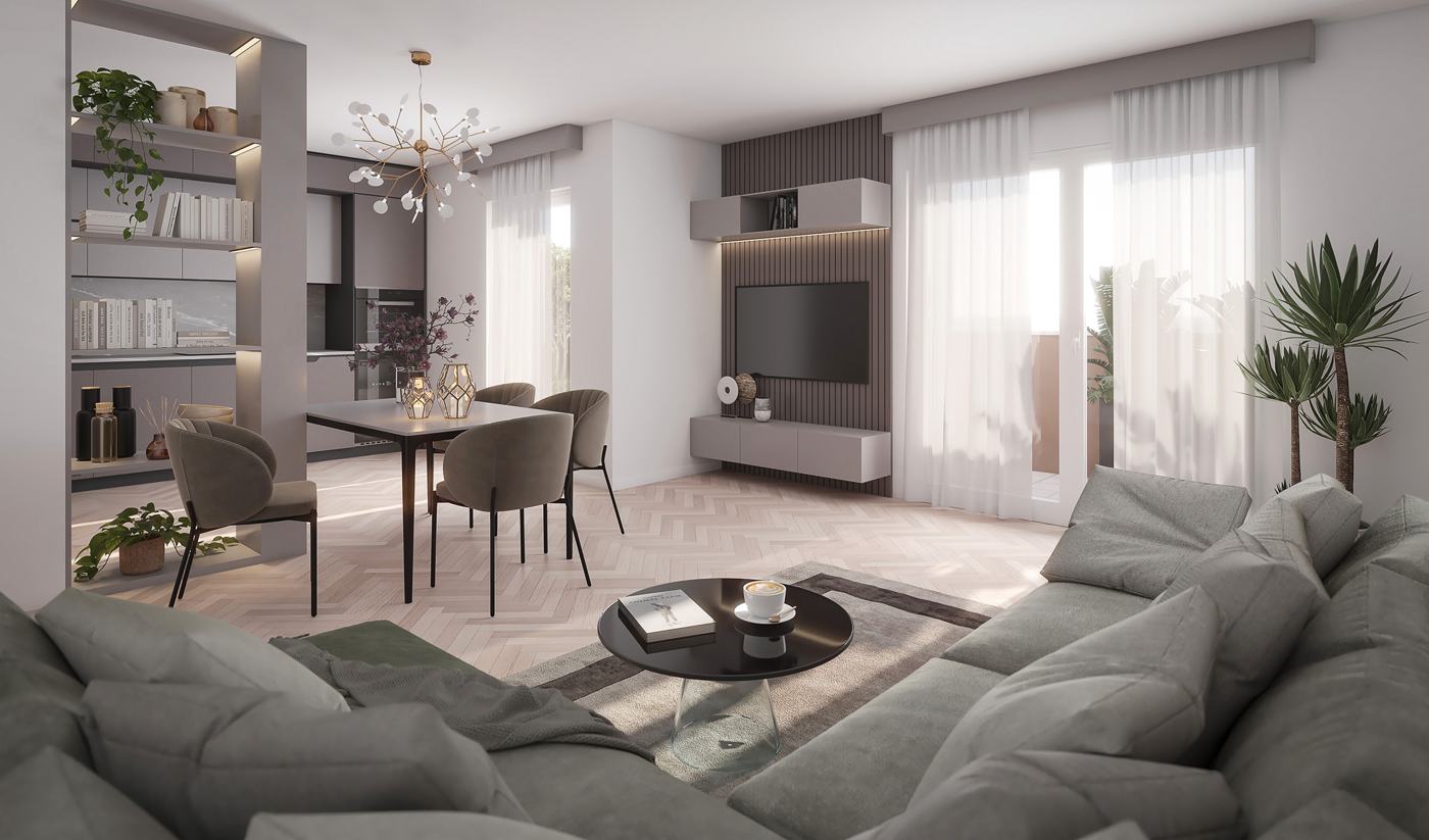 Soggiorno con parquet a spina di pesce