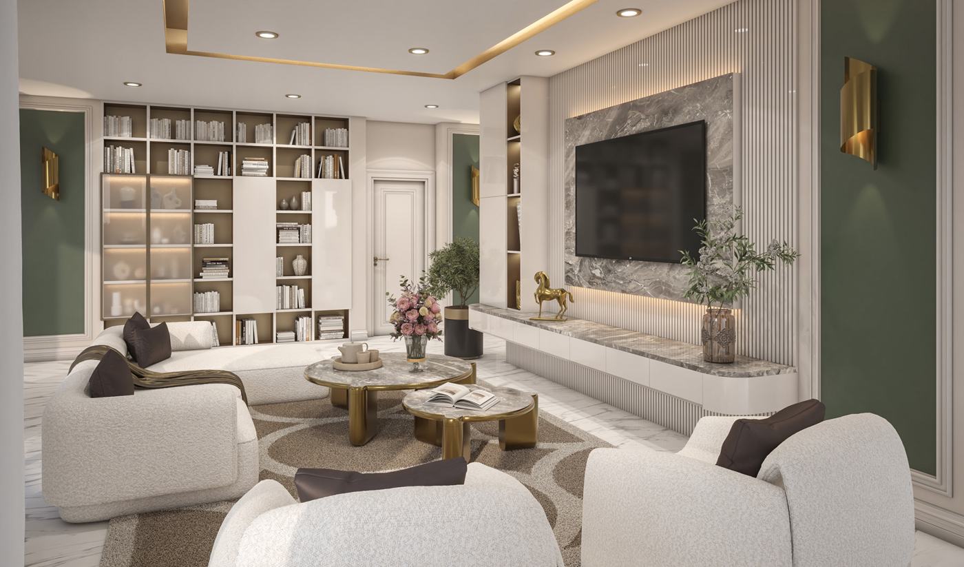 Salotto con libreria e boiserie