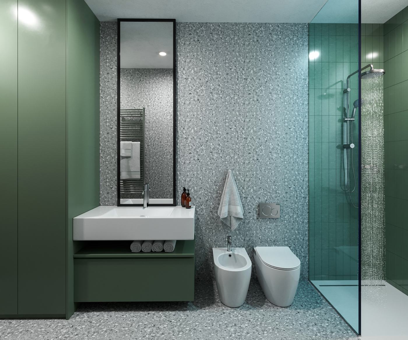 Bagno verde con terrazzo