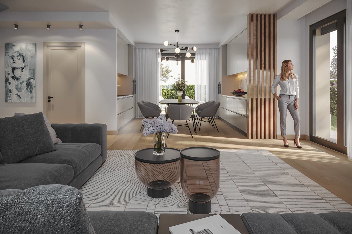 Living con cucina e giardino