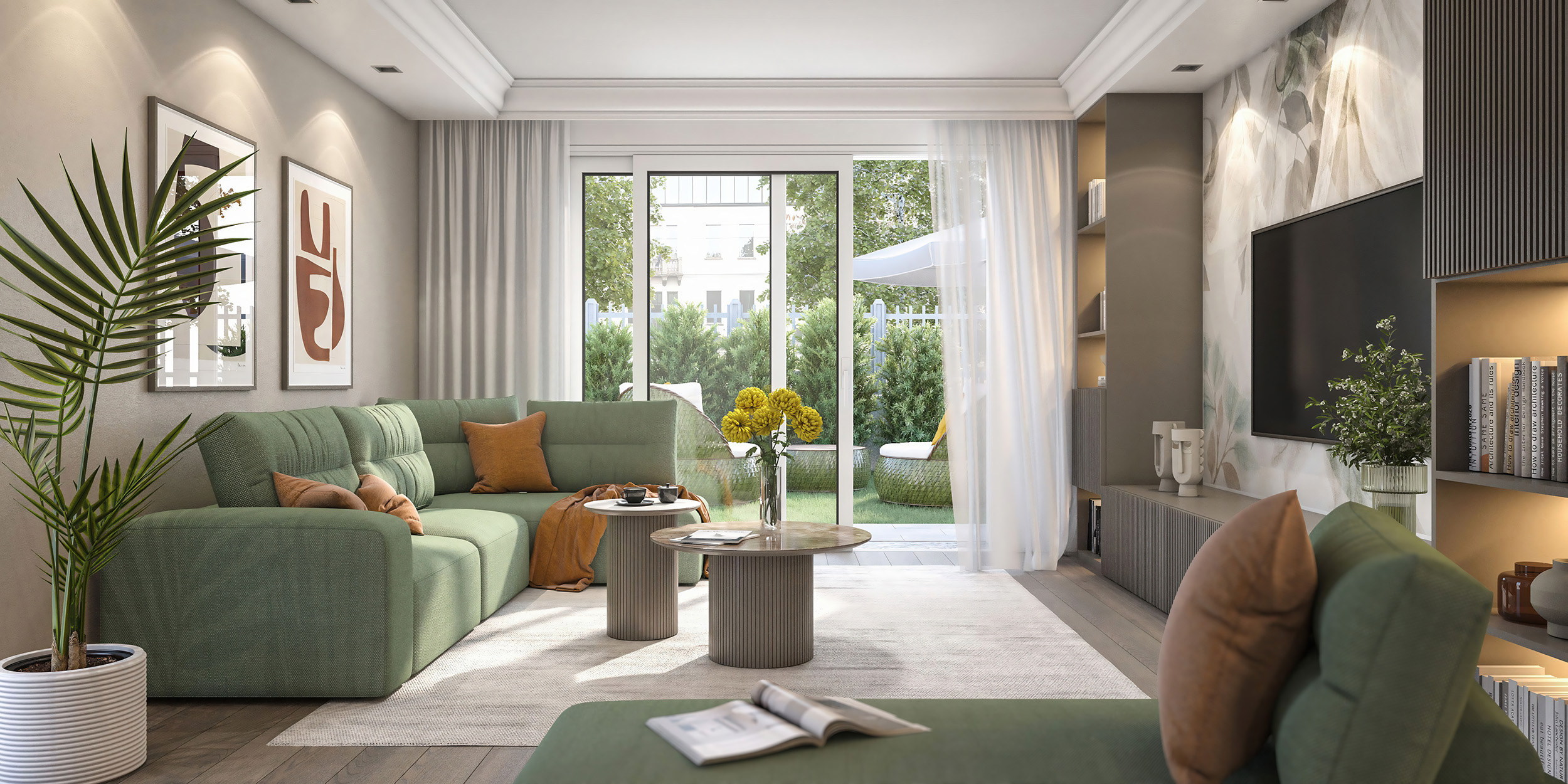 Render di soggiorno con affaccio sul giardino